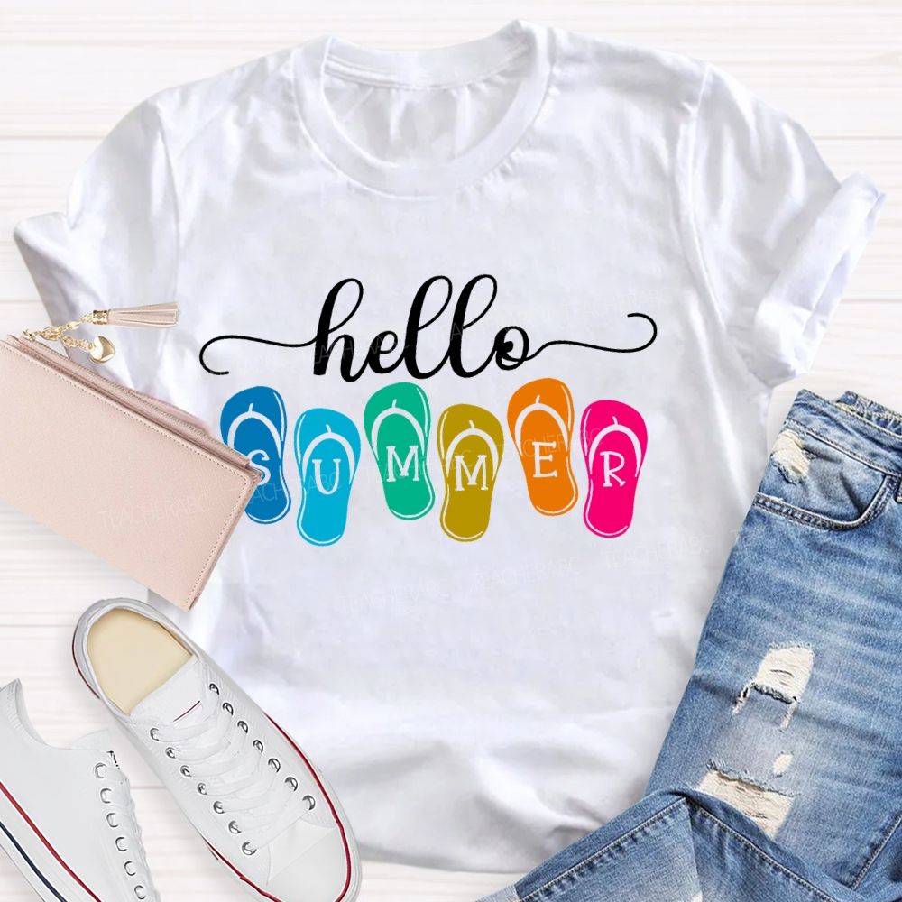 Hello Summer Slippers Teacher T-shirt