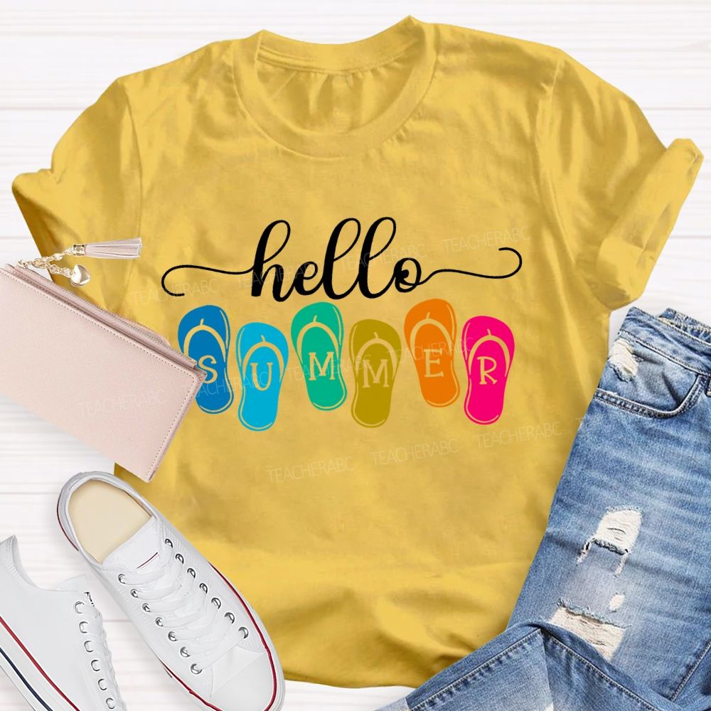 Hello Summer Slippers Teacher T-shirt