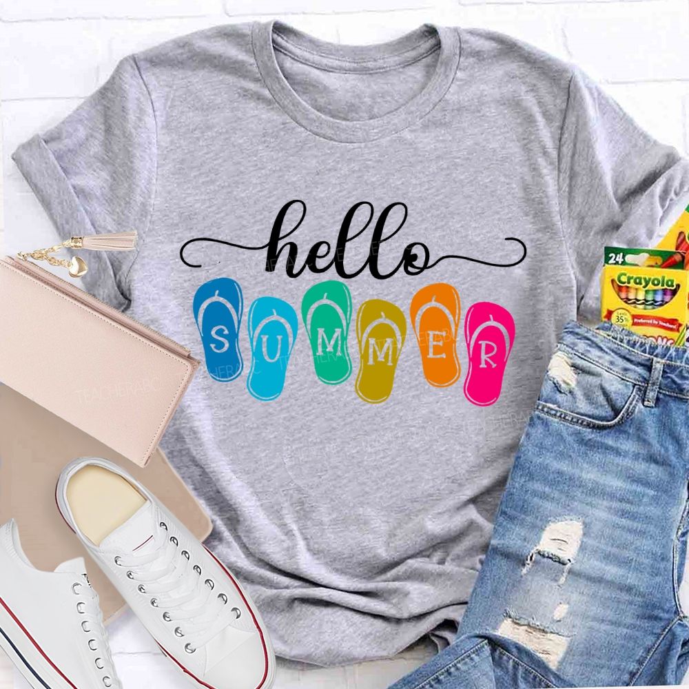 Hello Summer Slippers Teacher T-shirt