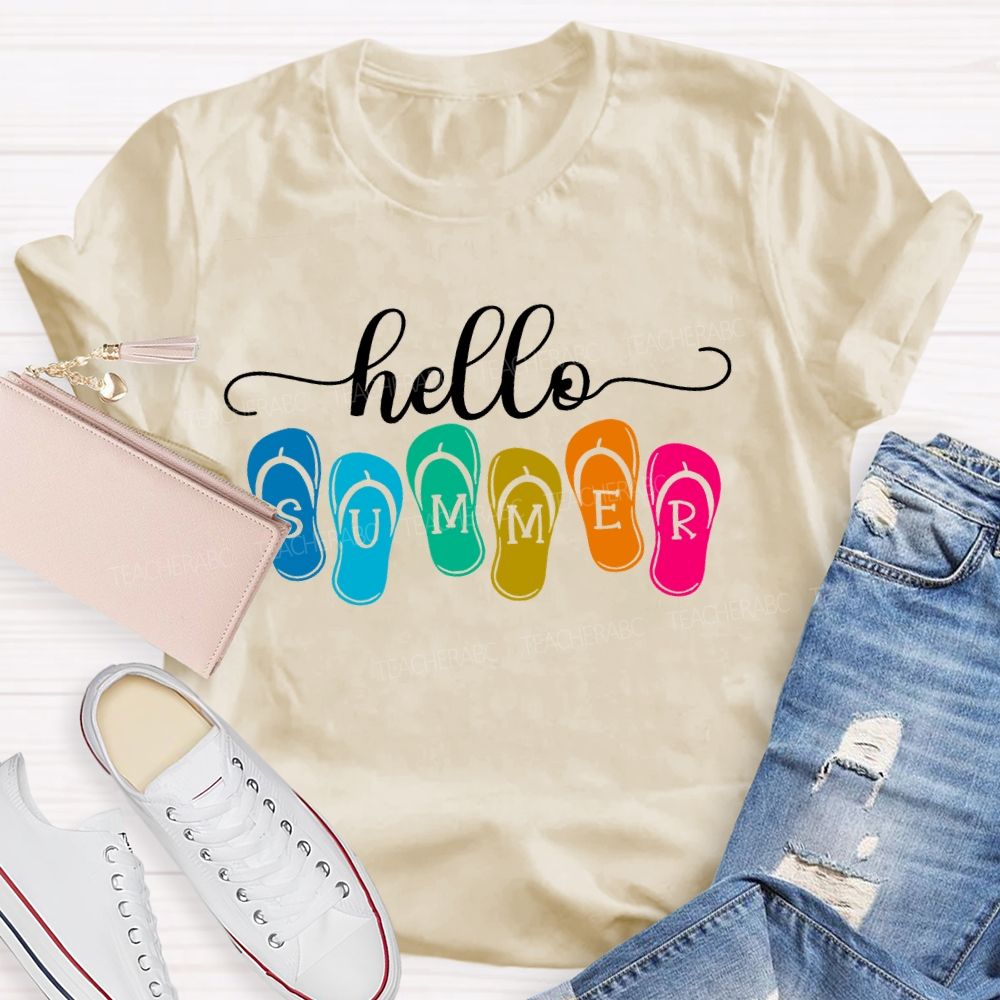 Hello Summer Slippers Teacher T-shirt