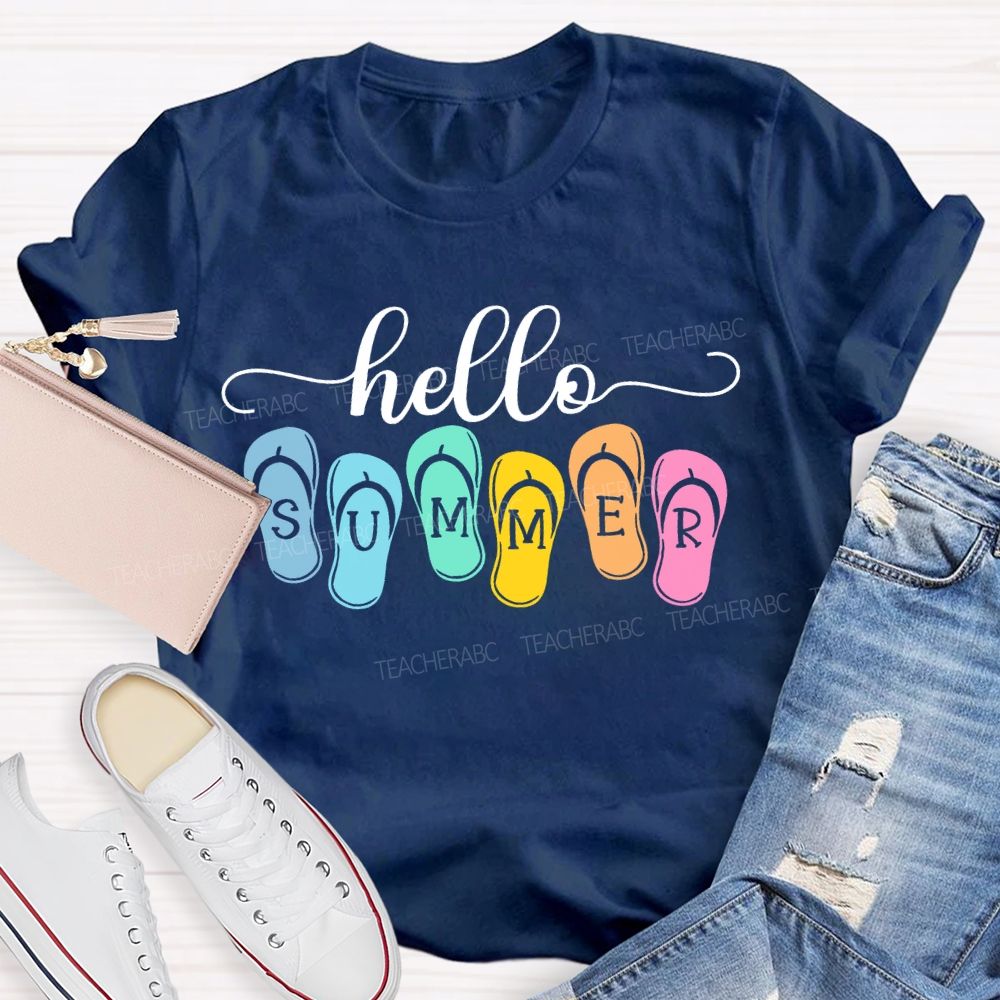 Hello Summer Slippers Teacher T-shirt