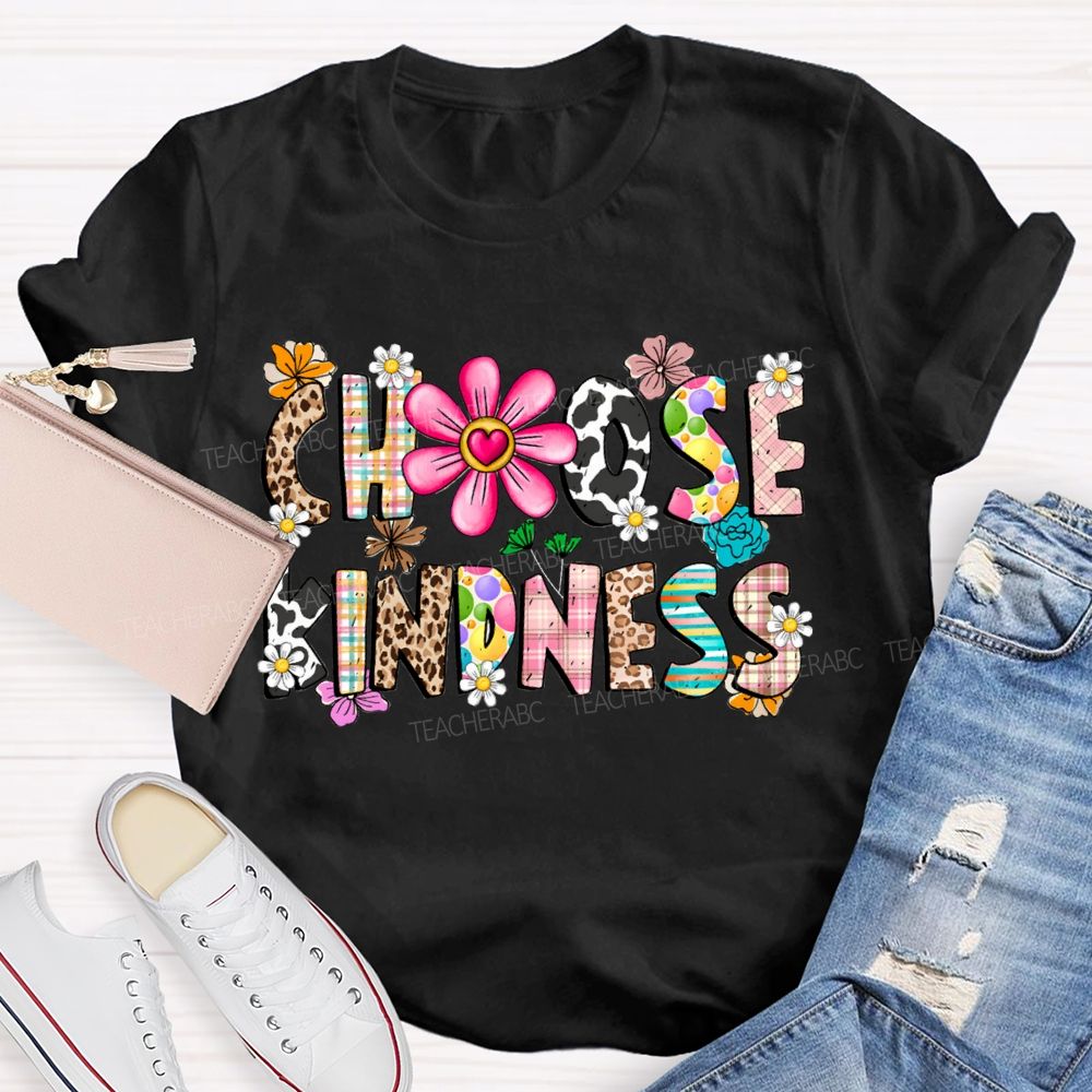 Choose Kindness Leopard-Print Font And Small Flowers Teacher T-shirt