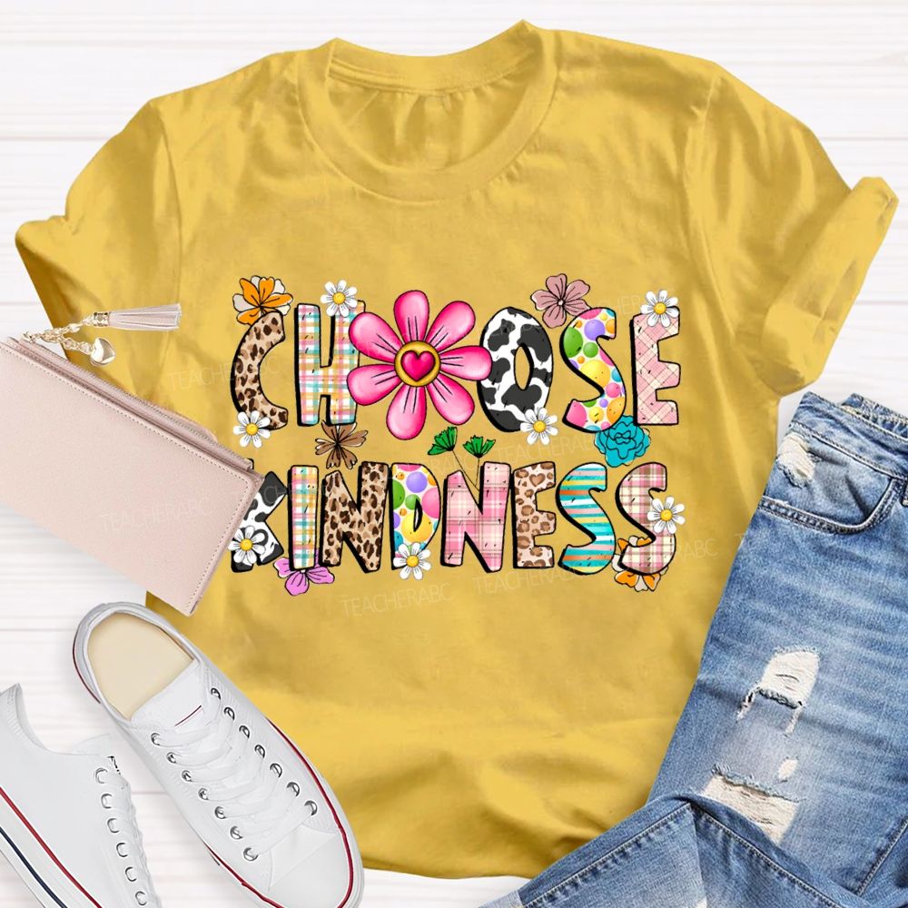Choose Kindness Leopard-Print Font And Small Flowers Teacher T-shirt