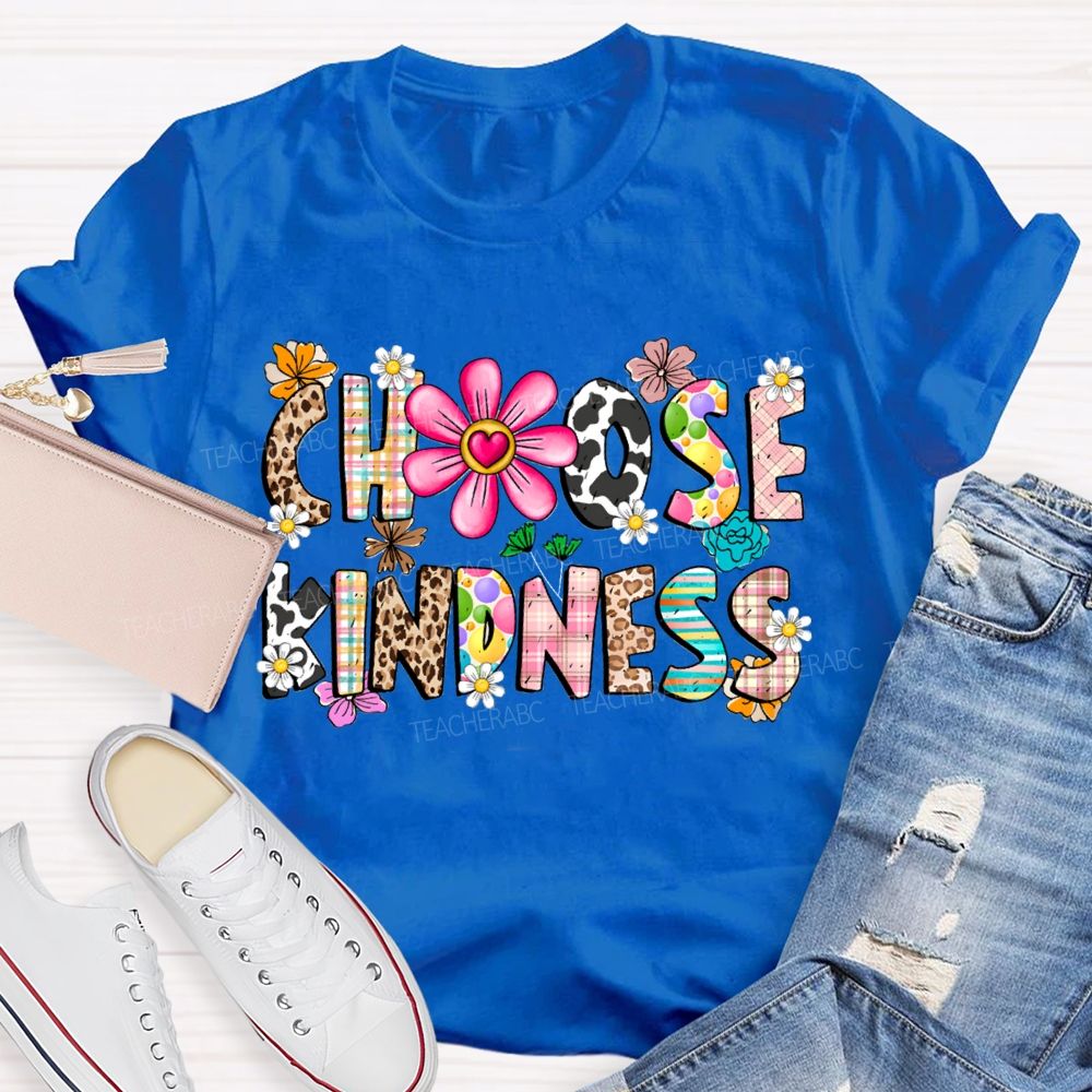 Choose Kindness Leopard-Print Font And Small Flowers Teacher T-shirt