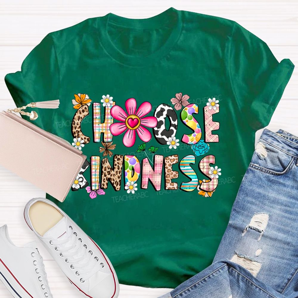 Choose Kindness Leopard-Print Font And Small Flowers Teacher T-shirt