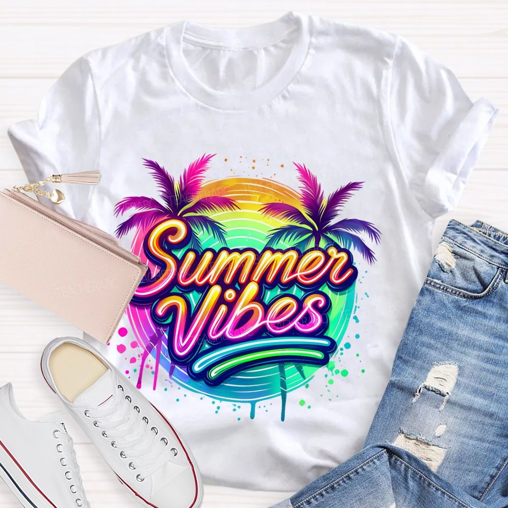 Summer Vibes Colorful Pattern Teacher T-shirt