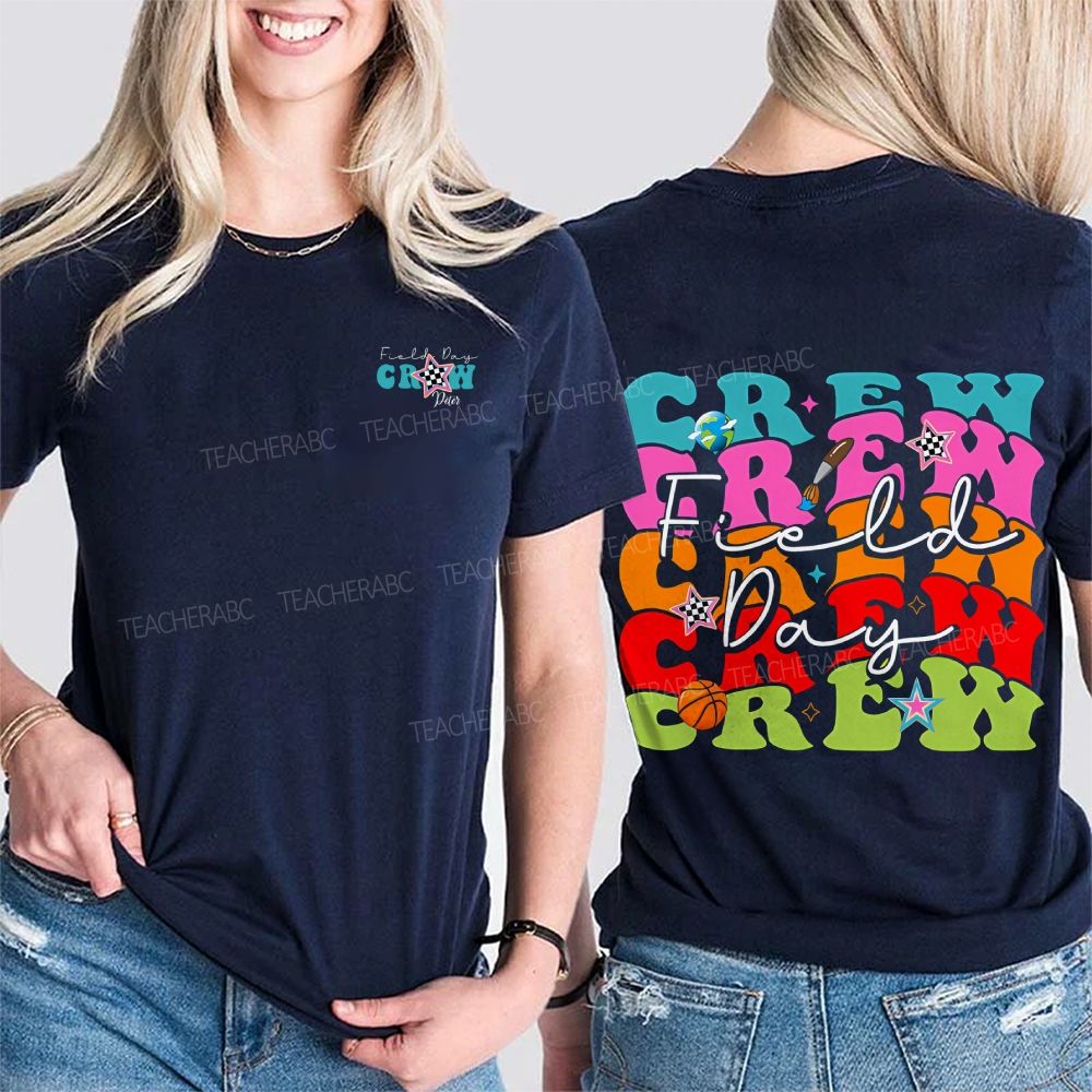 Personalized Name Field Day Crew And Colored Fonts Double Printed T-shirt
