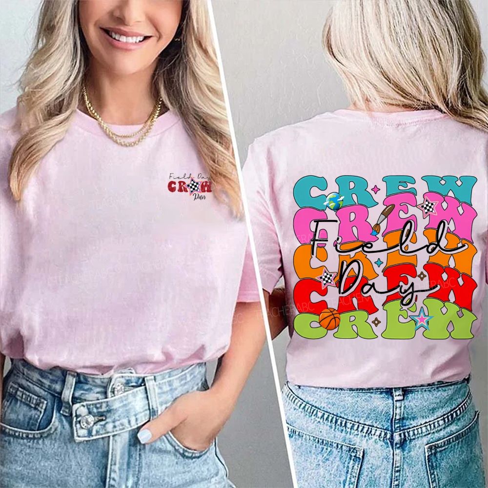 Personalized Name Field Day Crew And Colored Fonts Double Printed T-shirt