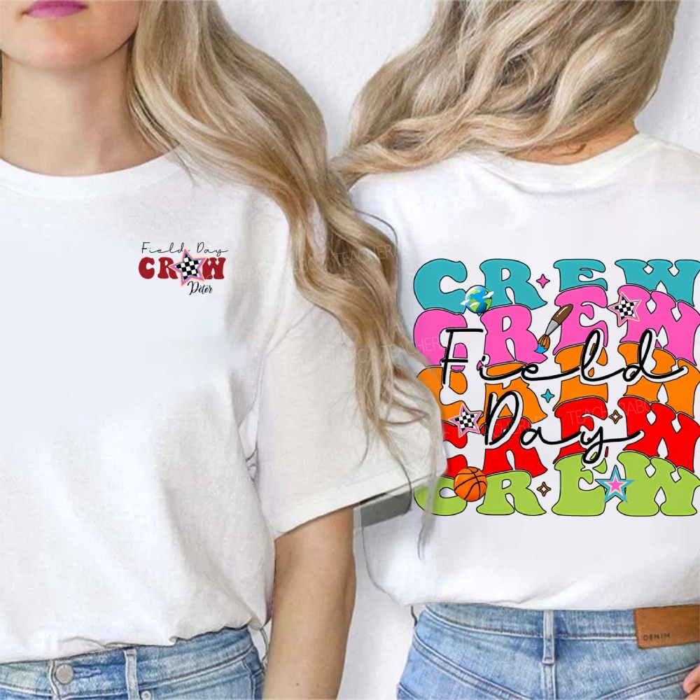 Personalized Name Field Day Crew And Colored Fonts Double Printed T-shirt