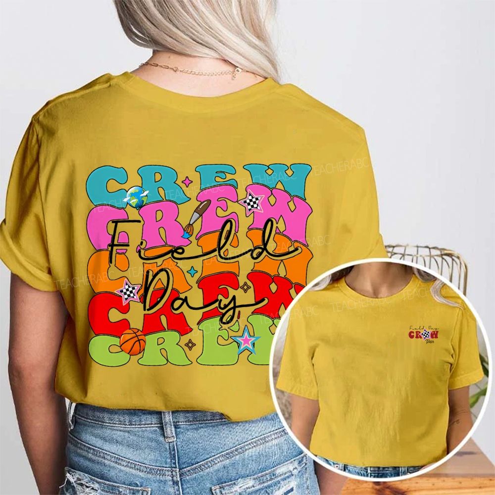 Personalized Name Field Day Crew And Colored Fonts Double Printed T-shirt
