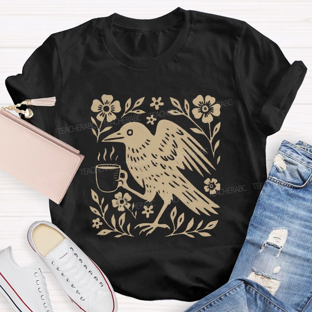 Boho Crow Drinking Coffee Teacher T-shirt