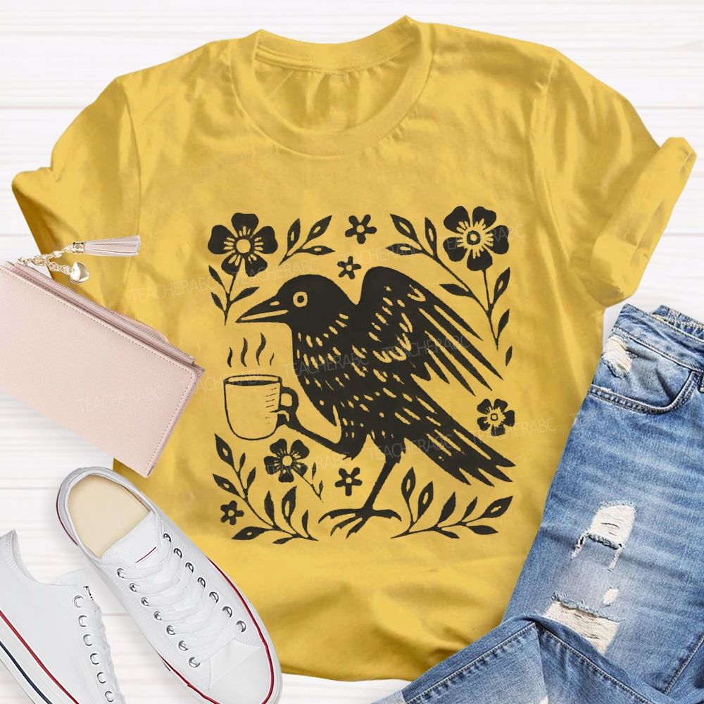 Boho Crow Drinking Coffee Teacher T-shirt