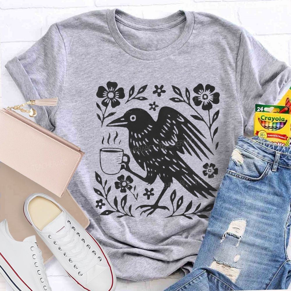 Boho Crow Drinking Coffee Teacher T-shirt