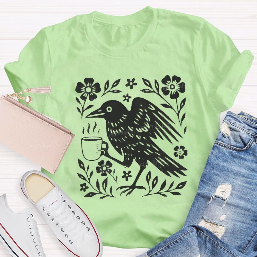 Boho Crow Drinking Coffee Teacher T-shirt