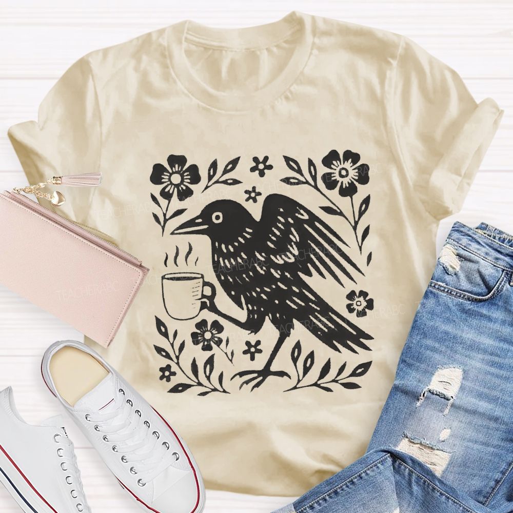 Boho Crow Drinking Coffee Teacher T-shirt