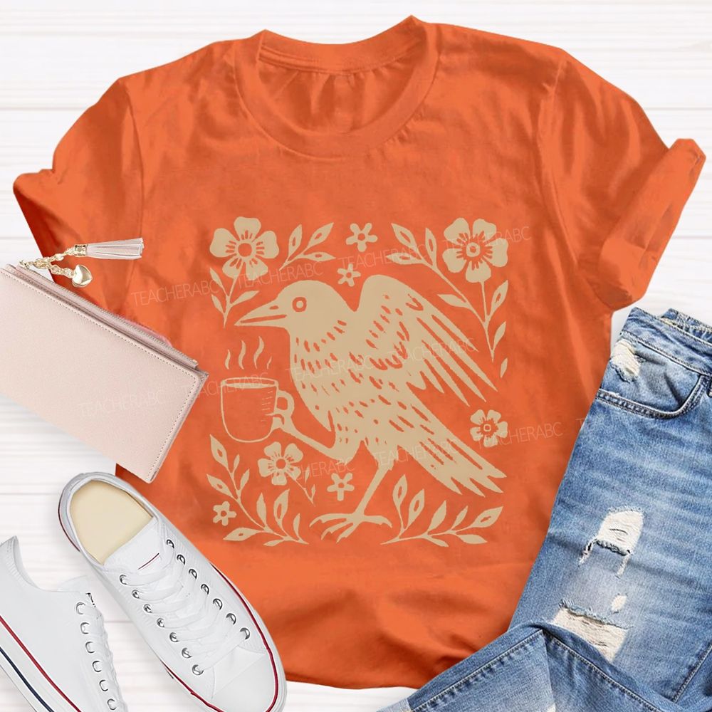 Boho Crow Drinking Coffee Teacher T-shirt