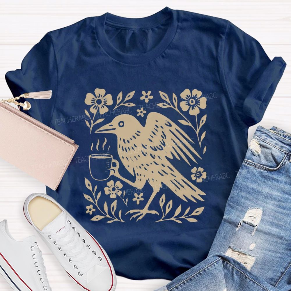 Boho Crow Drinking Coffee Teacher T-shirt