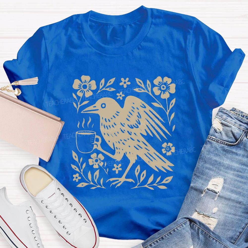 Boho Crow Drinking Coffee Teacher T-shirt