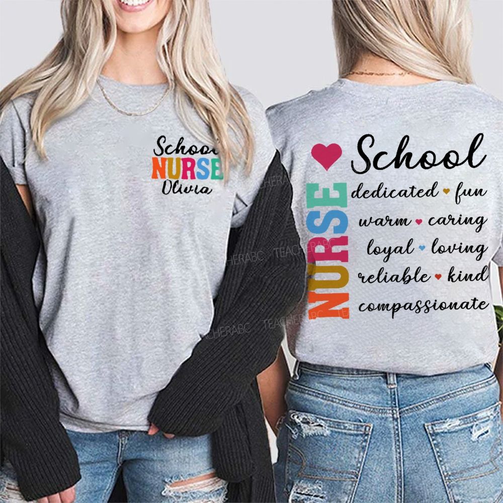Personalized Name School Nurse Dedicated Fun Warm Double Printed T-shirt