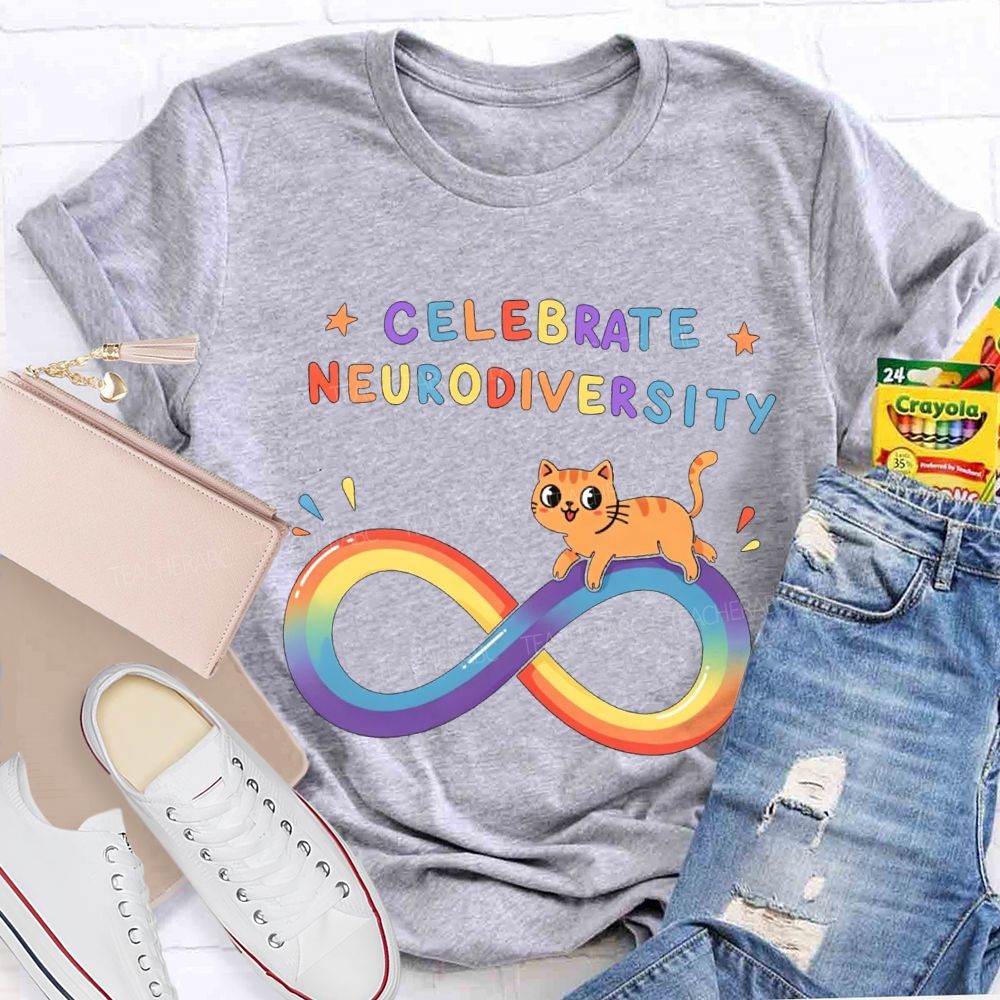 Celebrate Neurodiversity Rainbow Infinity Symbol And Cat Teacher T-shirt