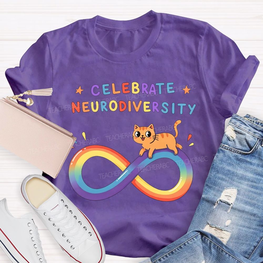 Celebrate Neurodiversity Rainbow Infinity Symbol And Cat Teacher T-shirt