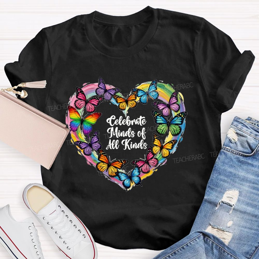 Celebrate Minds Of All Kinds Tie-Dyed Hearts And Colorful Butterflies T-shirt
