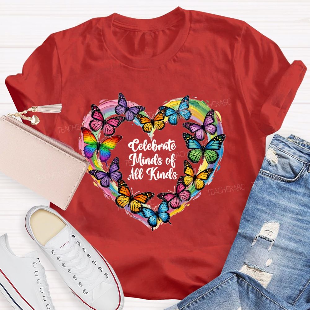 Celebrate Minds Of All Kinds Tie-Dyed Hearts And Colorful Butterflies T-shirt