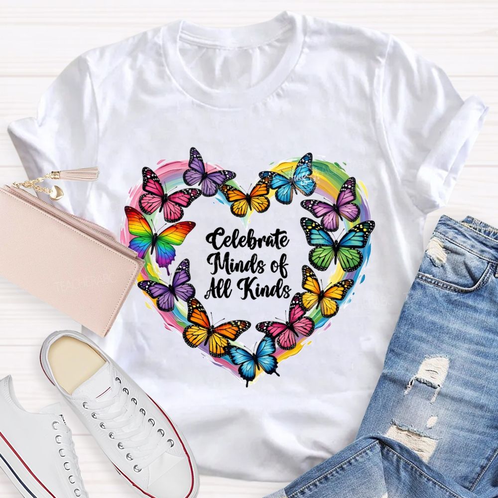 Celebrate Minds Of All Kinds Tie-Dyed Hearts And Colorful Butterflies T-shirt