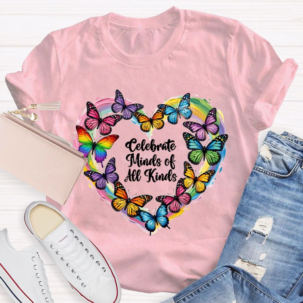 Celebrate Minds Of All Kinds Tie-Dyed Hearts And Colorful Butterflies T-shirt