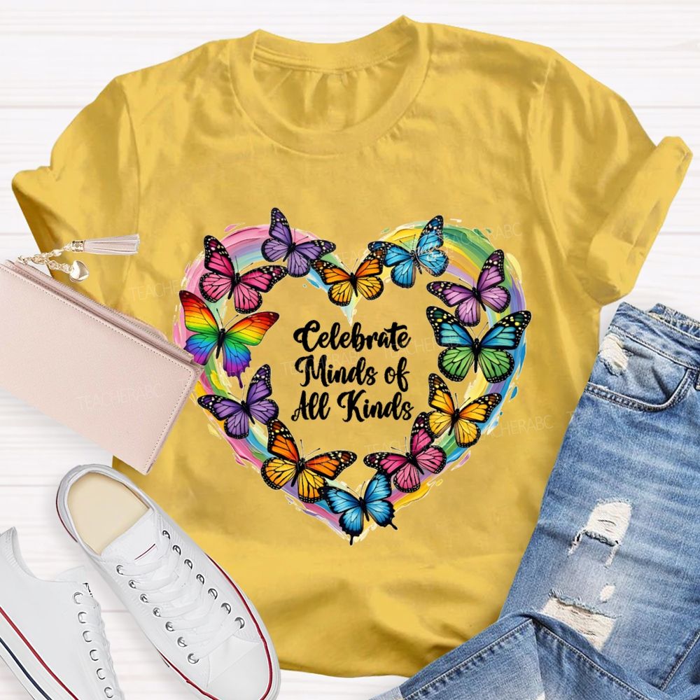 Celebrate Minds Of All Kinds Tie-Dyed Hearts And Colorful Butterflies T-shirt