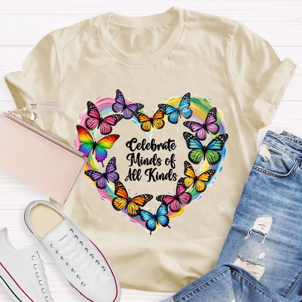 Celebrate Minds Of All Kinds Tie-Dyed Hearts And Colorful Butterflies T-shirt