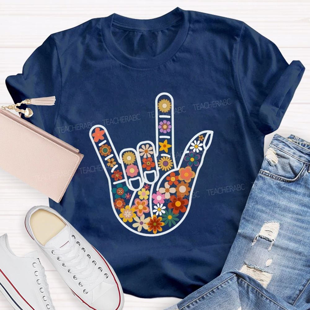 Floral Hands Love Sign Teacher T-shirt