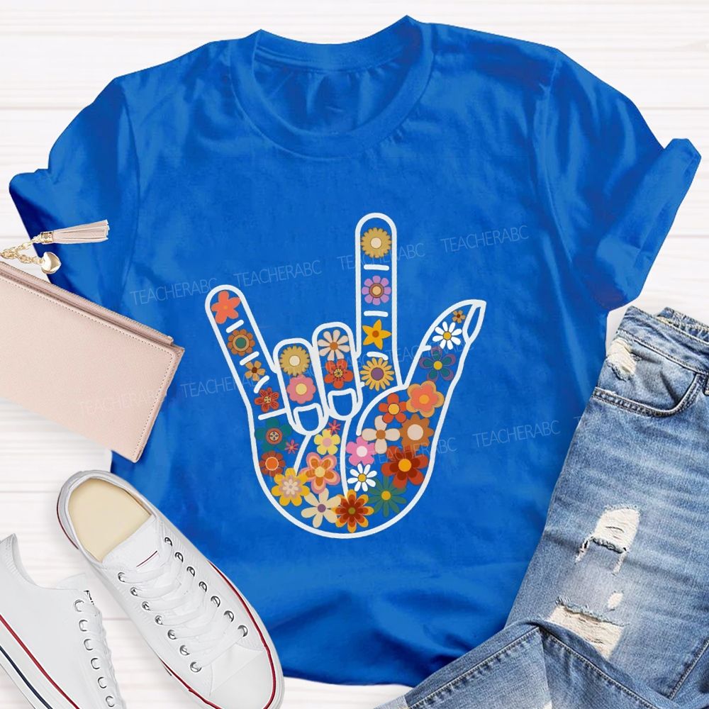 Floral Hands Love Sign Teacher T-shirt