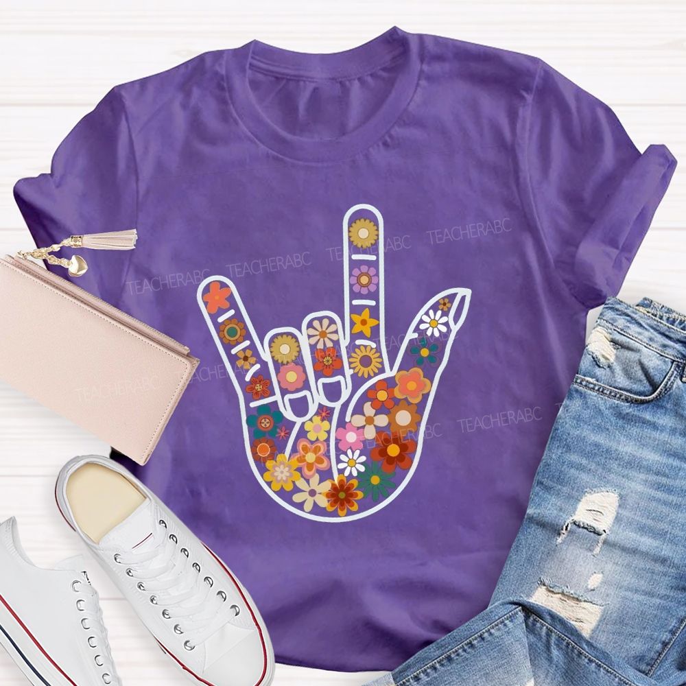 Floral Hands Love Sign Teacher T-shirt