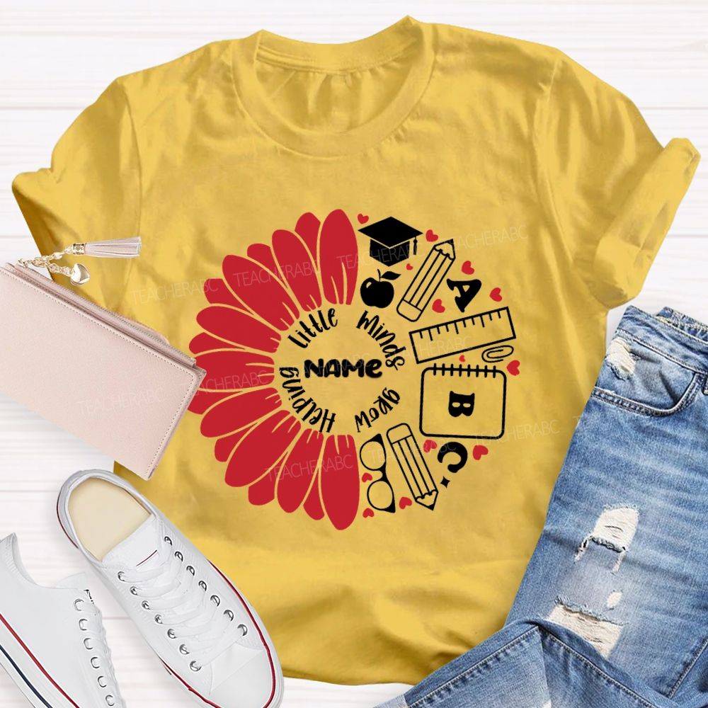 Personalized Name Helping Little Minds Grow Sunflower Teacher T-Shirt
