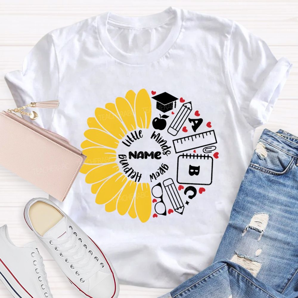 Personalized Name Helping Little Minds Grow Sunflower Teacher T-Shirt