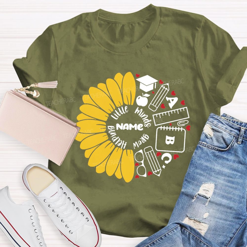 Personalized Name Helping Little Minds Grow Sunflower Teacher T-Shirt