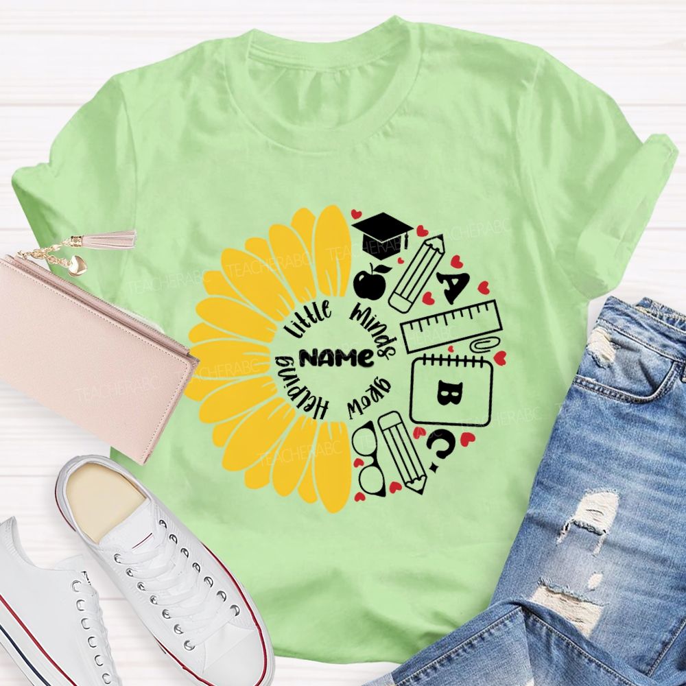 Personalized Name Helping Little Minds Grow Sunflower Teacher T-Shirt