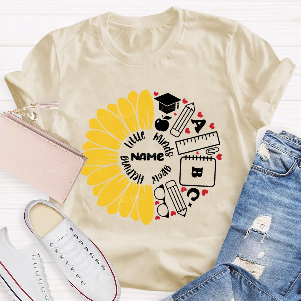 Personalized Name Helping Little Minds Grow Sunflower Teacher T-Shirt