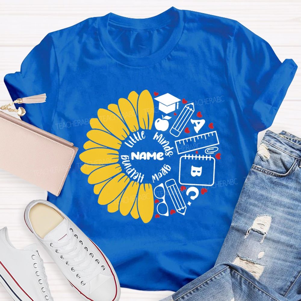 Personalized Name Helping Little Minds Grow Sunflower Teacher T-Shirt