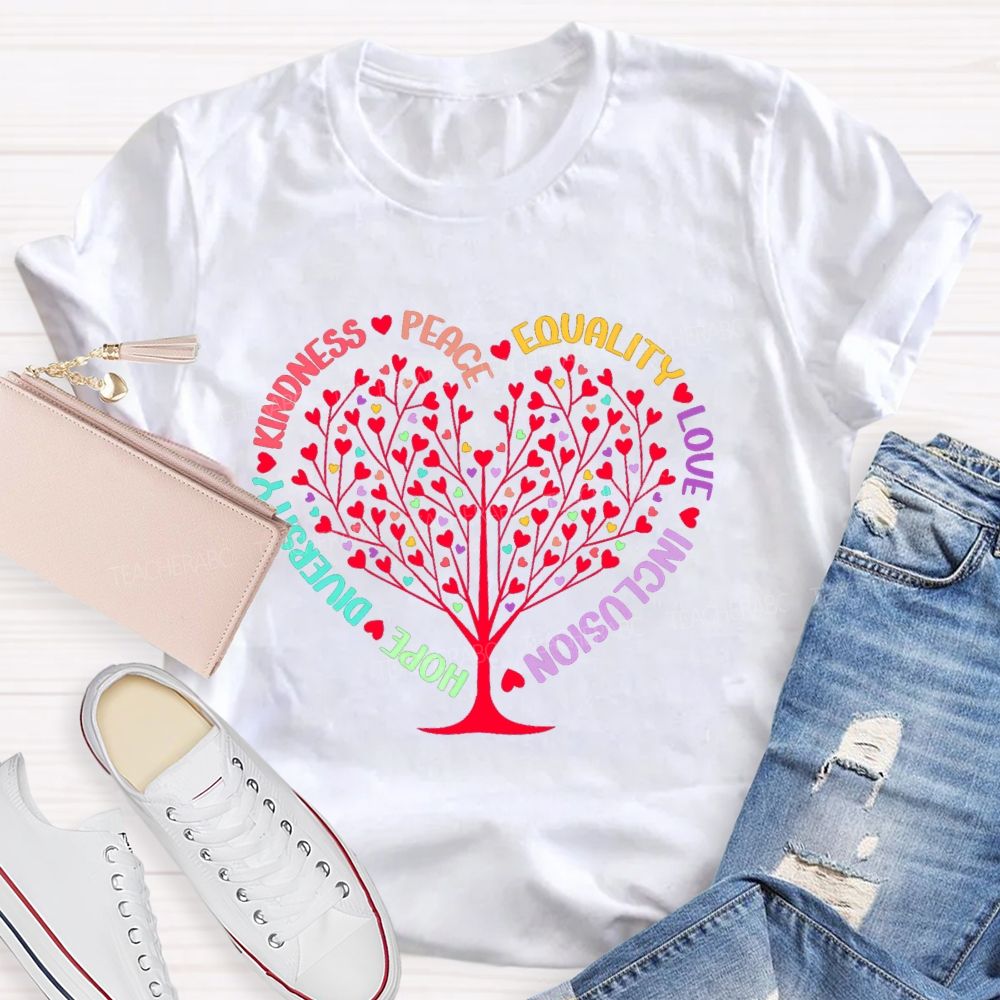 Hope Diversity Kindness Peace Equality Love Inclusion Heart Teacher T-Shirt