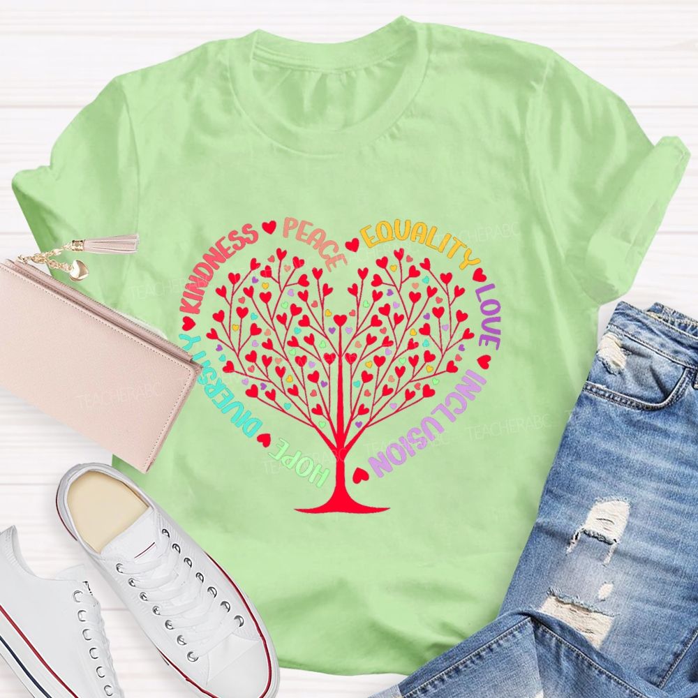Hope Diversity Kindness Peace Equality Love Inclusion Heart Teacher T-Shirt