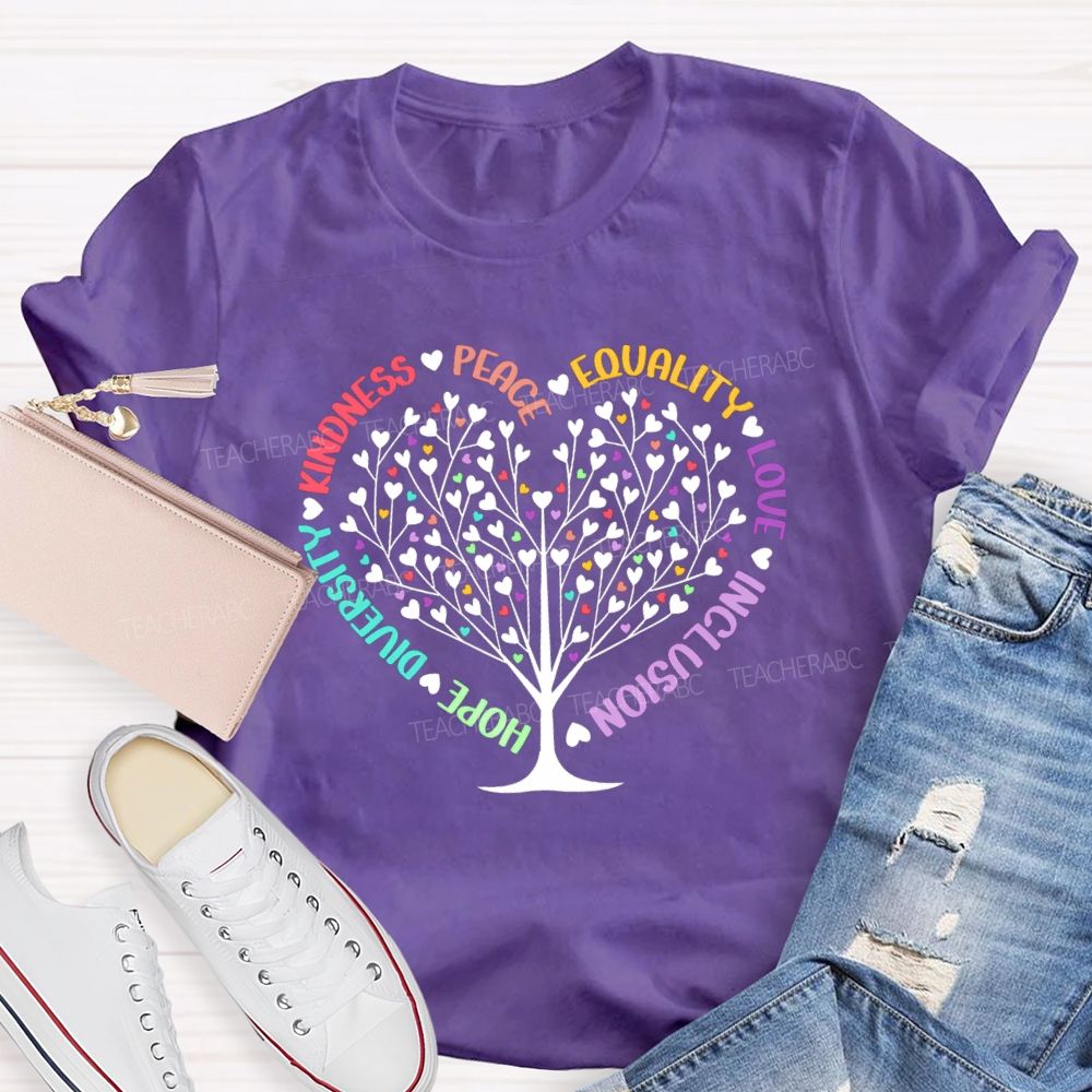 Hope Diversity Kindness Peace Equality Love Inclusion Heart Teacher T-Shirt