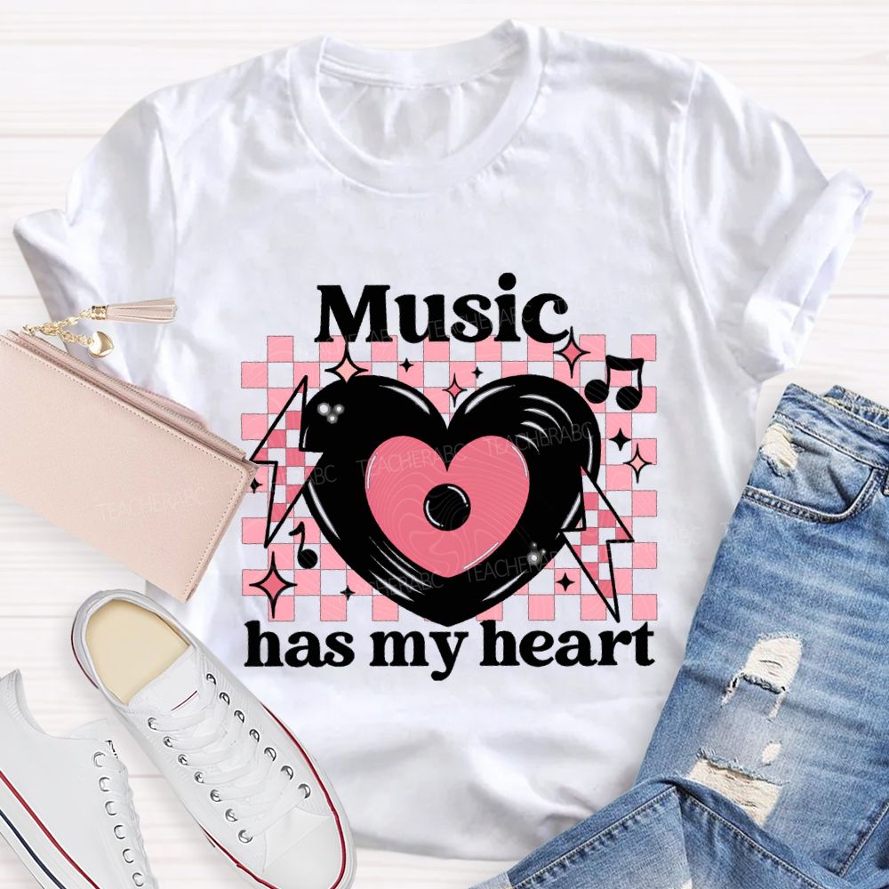 Music Has My Heart Heart-Shaped Disc Teacher T-shirt
