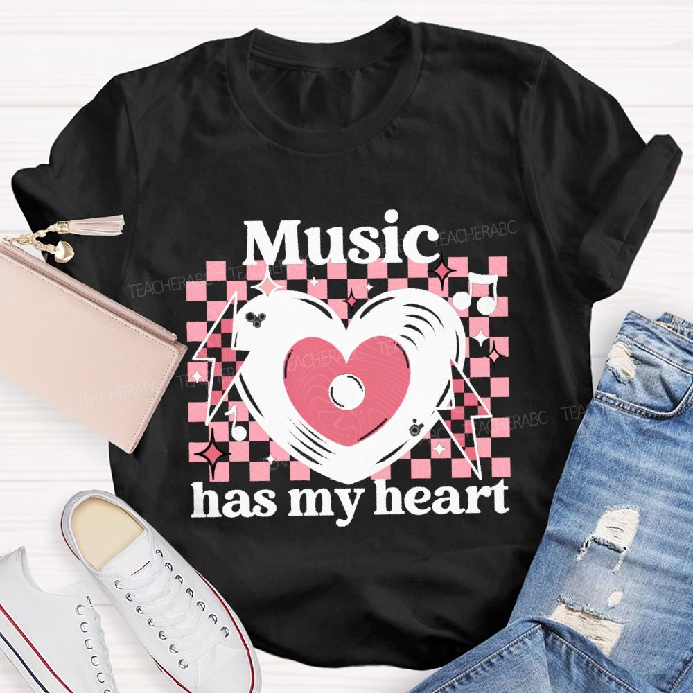 Music Has My Heart Heart-Shaped Disc Teacher T-shirt