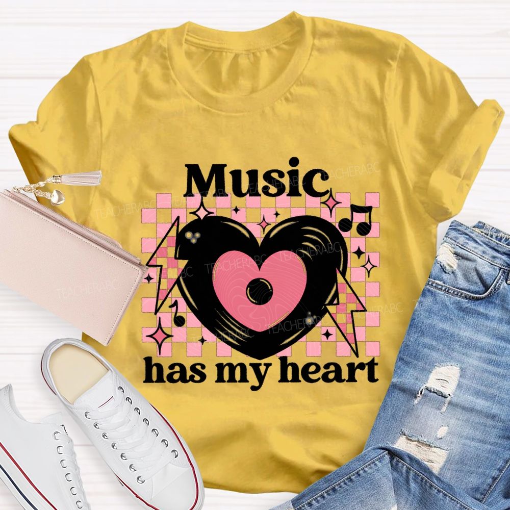 Music Has My Heart Heart-Shaped Disc Teacher T-shirt