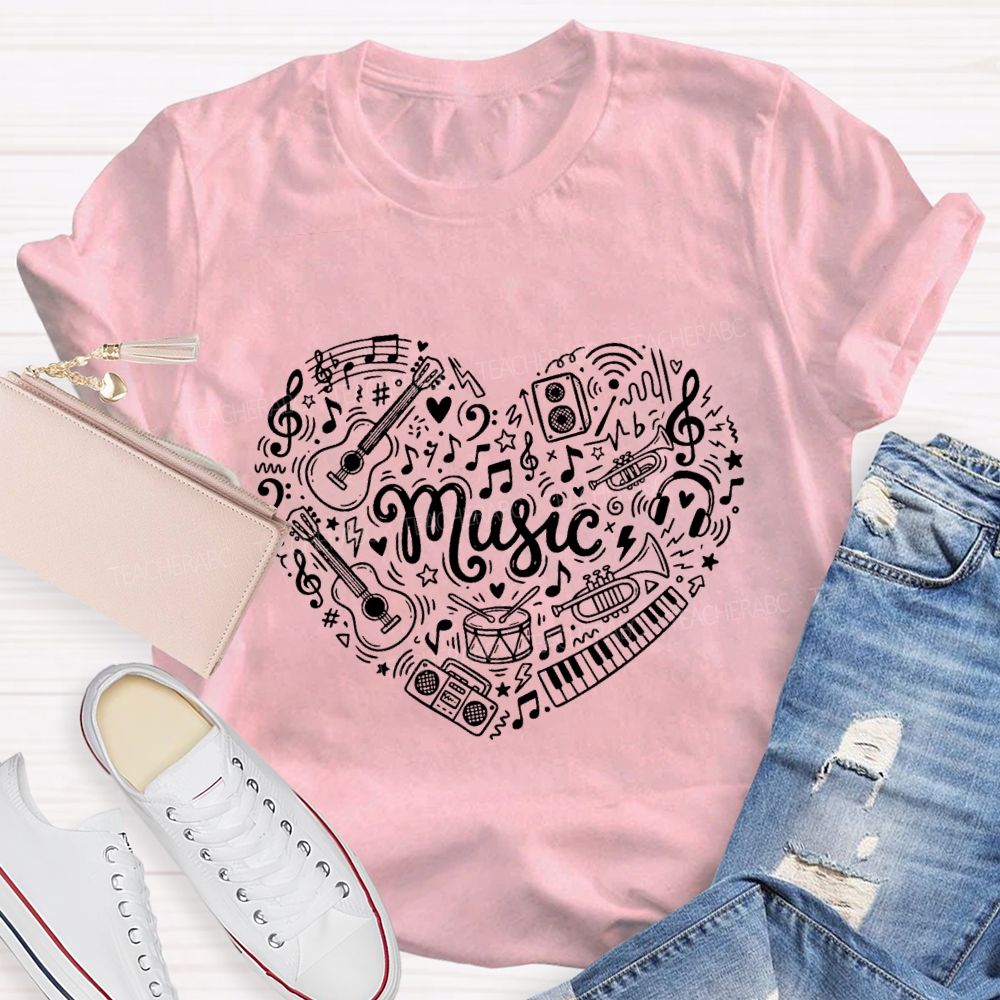 Music Heart Musical Notes And Instruments Teacher T-shirt