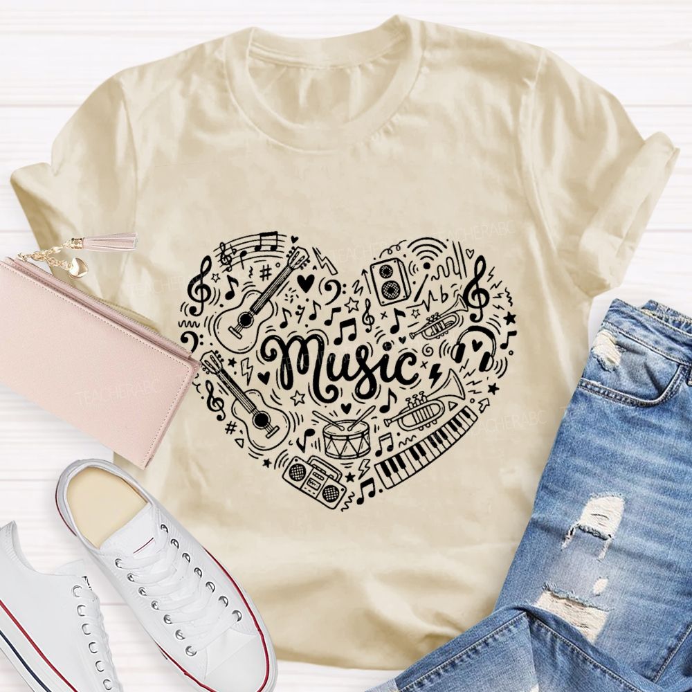 Music Heart Musical Notes And Instruments Teacher T-shirt