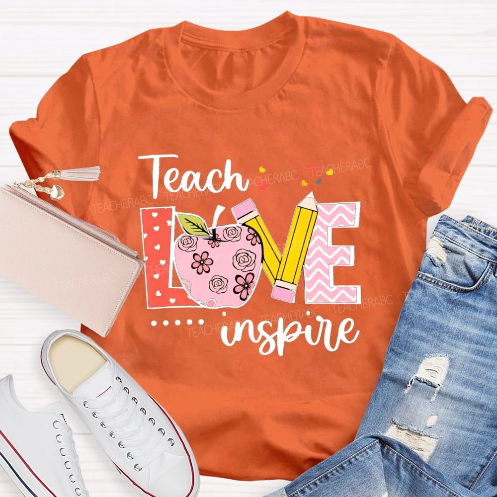 Teach Love Inspire Pink Heart Apple Teacher T-Shirt