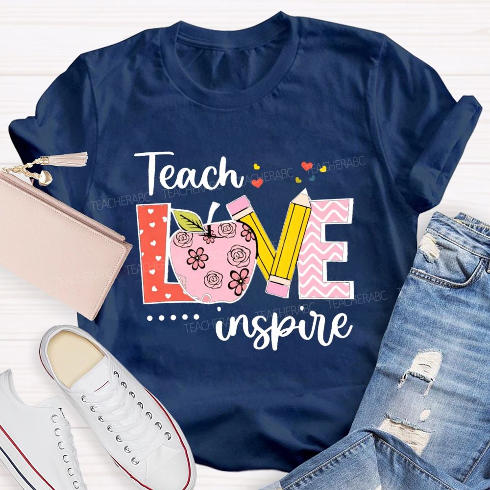 Teach Love Inspire Pink Heart Apple Teacher T-Shirt